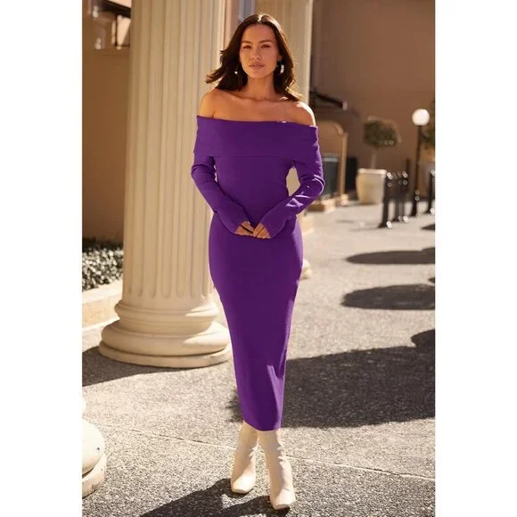 Women's Off Shoulder Bodycon Sweater Dress Long Sleeve Party Midi Dress  Purple - joarbit.com